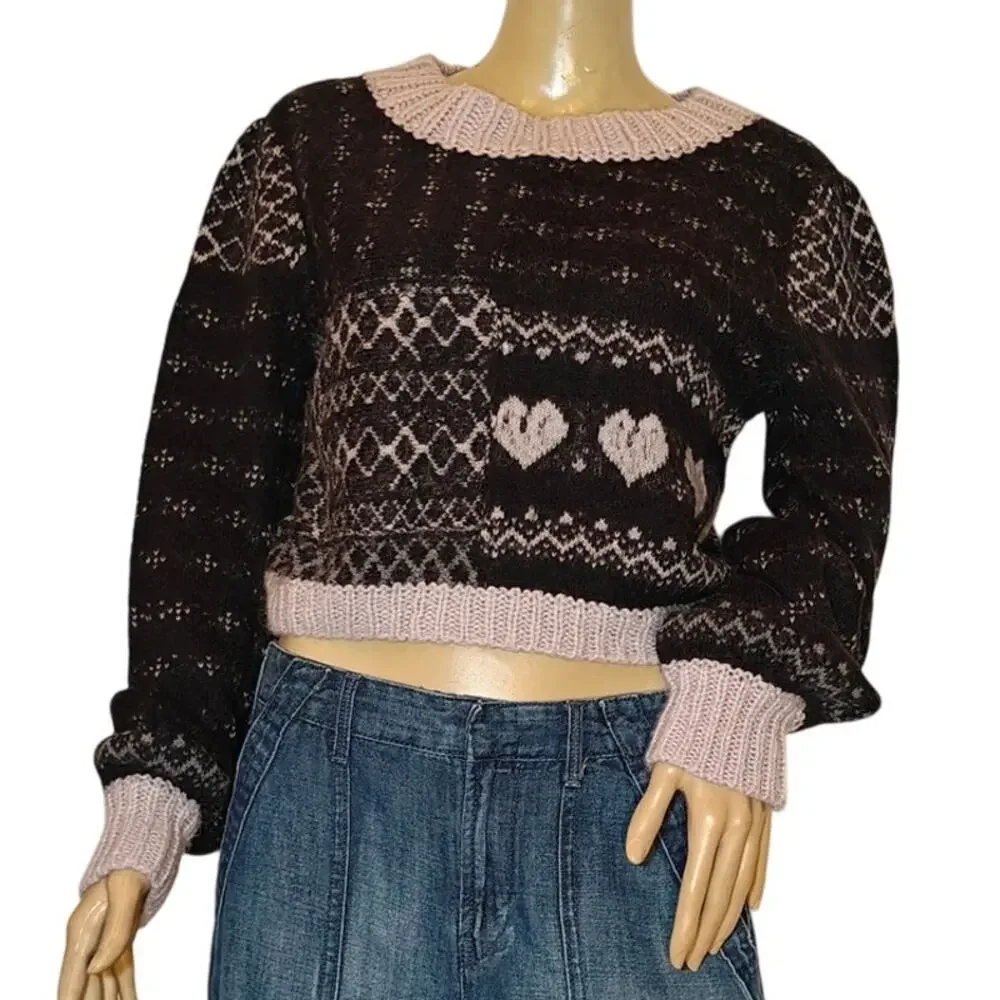 Free People Cropped Fair Isle Sweater Navy/Lavender Hearts Alpaca Wool Blend